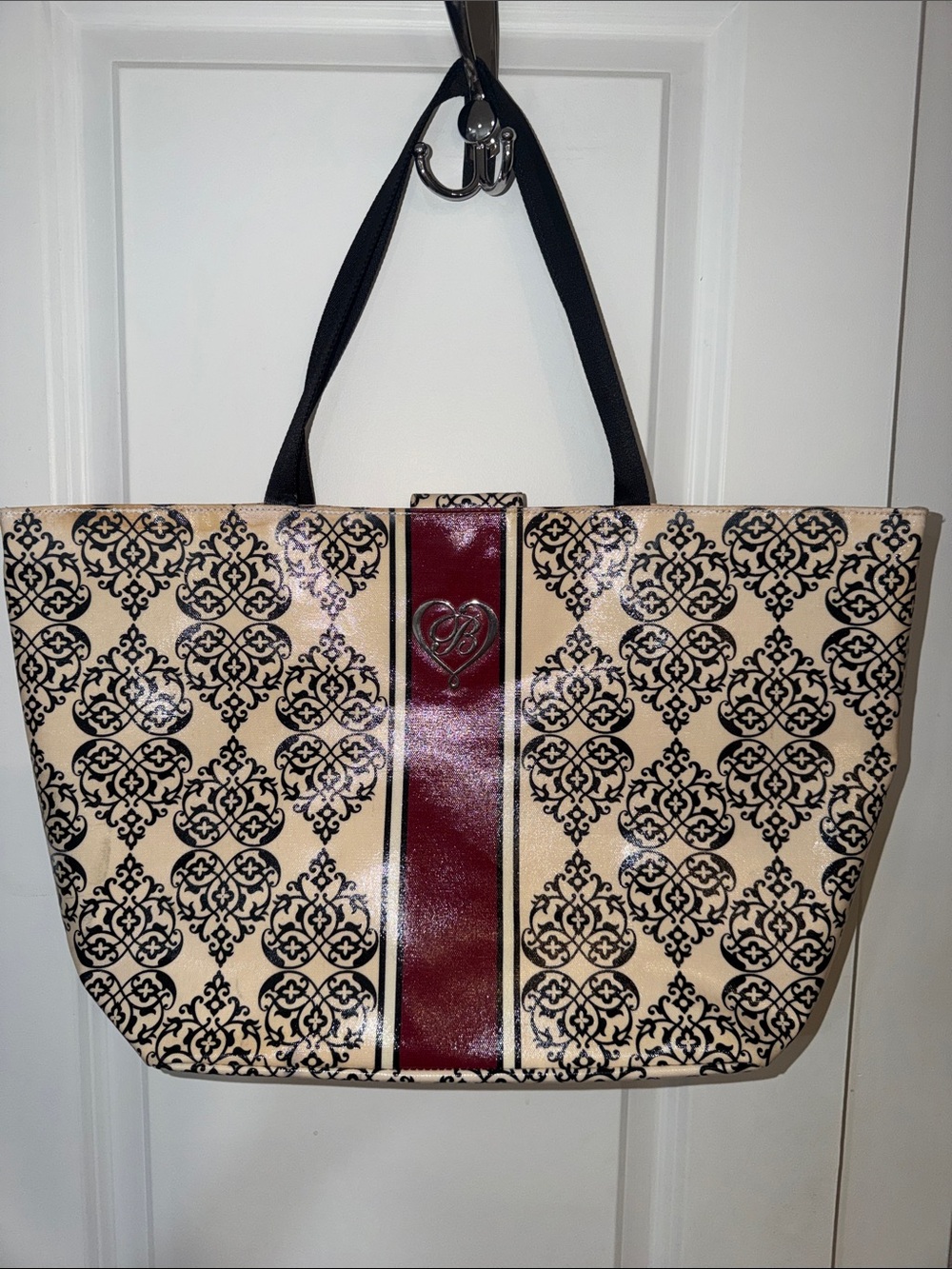 Brighton Beige Tote with Burgundy Center Stripe and Black Pattern